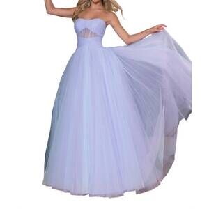 NEW RACHEL ALLAN tulle strapless a-line gown in powder blue lilac